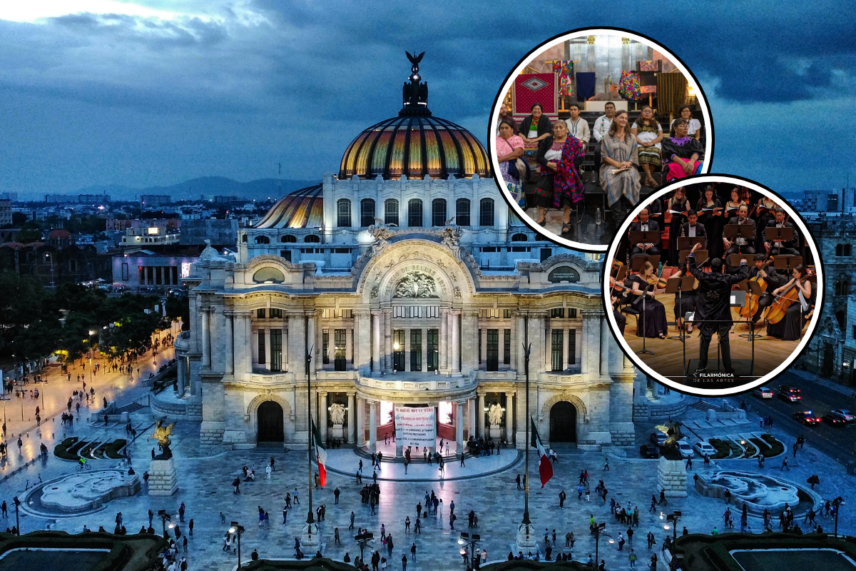 De fondo Palacio de Bellas Artes, mujeres en Los Pinos y filarmónica. Foto: Canva/Gobierno de México/Filarmónica de Arte