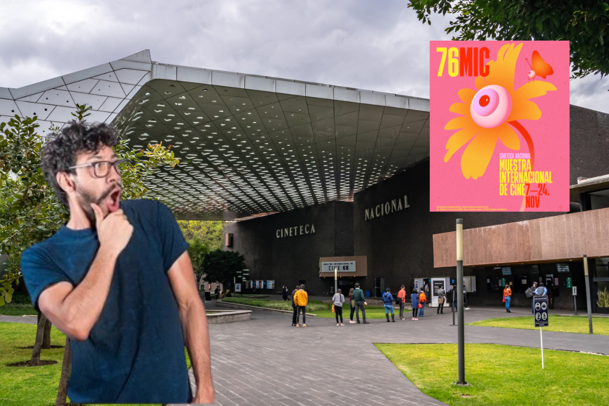 Fachada de la Cineteca Nacional con persona sorprendida al frente y póster de la Muestra Internacional de Cine.    Foto: Especial