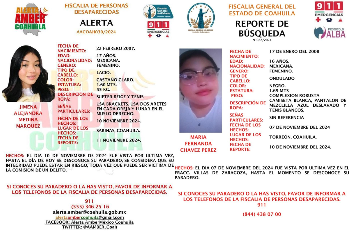 Autoridades y familiares solicitaron cualquier dato sea compartido a través de los números de emergencia 911/Foto: Fiscalía de Personas Desaparecidas del Estado de Coahuila