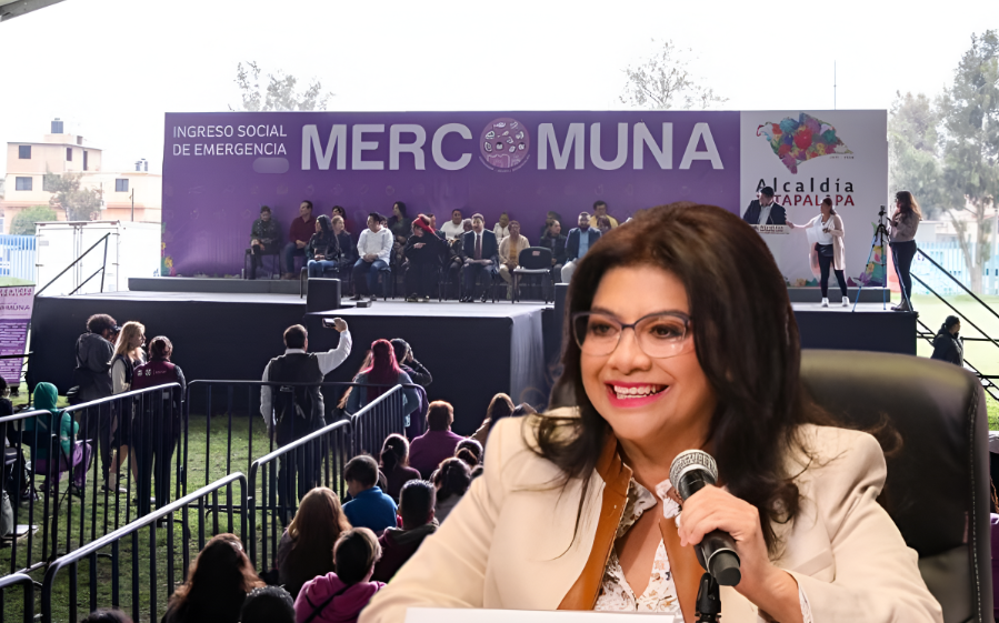 Clara Brugada frente a un evento de Mercomuna.    Foto: Especial