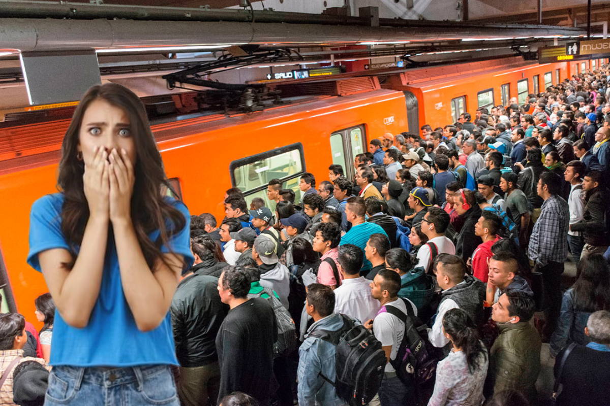 Persona asombrada frente a usuarios esperando el Metro de CDMX.    Foto: Especial