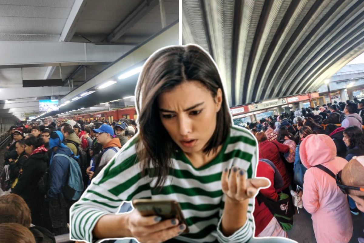 Persona frustrada mirando el teléfono frente a vagones del Metro de CDMX.   Foto: @PABERECOBOMS y @amtz1169923