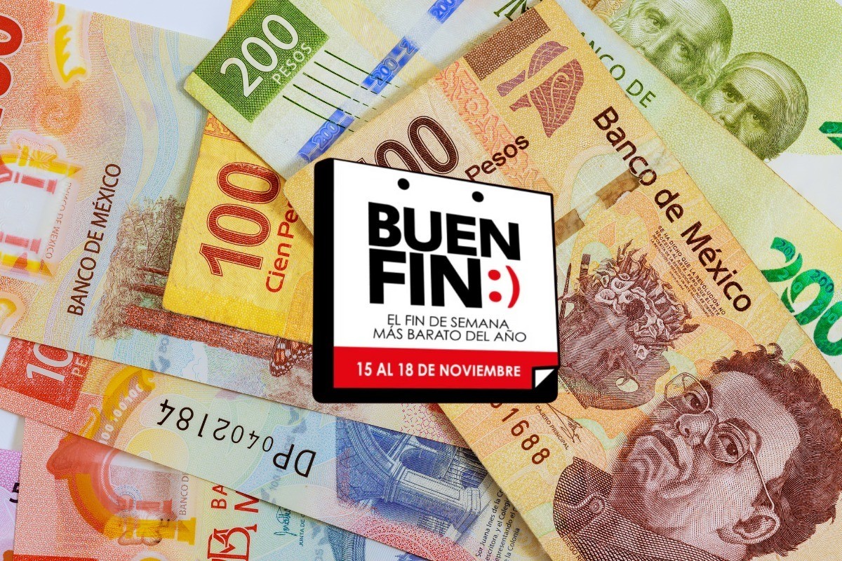 De fondo billetes mexicanos, logo del Buen Fin. Foto: Canva/Sears