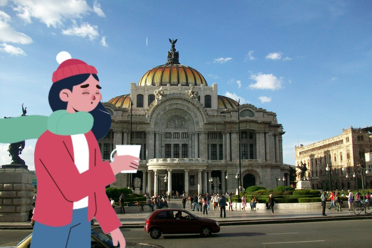 Palacio de Bellas Artes e ilustración de mujer abrigada.    Foto: photos71 y @SGIRPC_CDMX, editada en Canva.