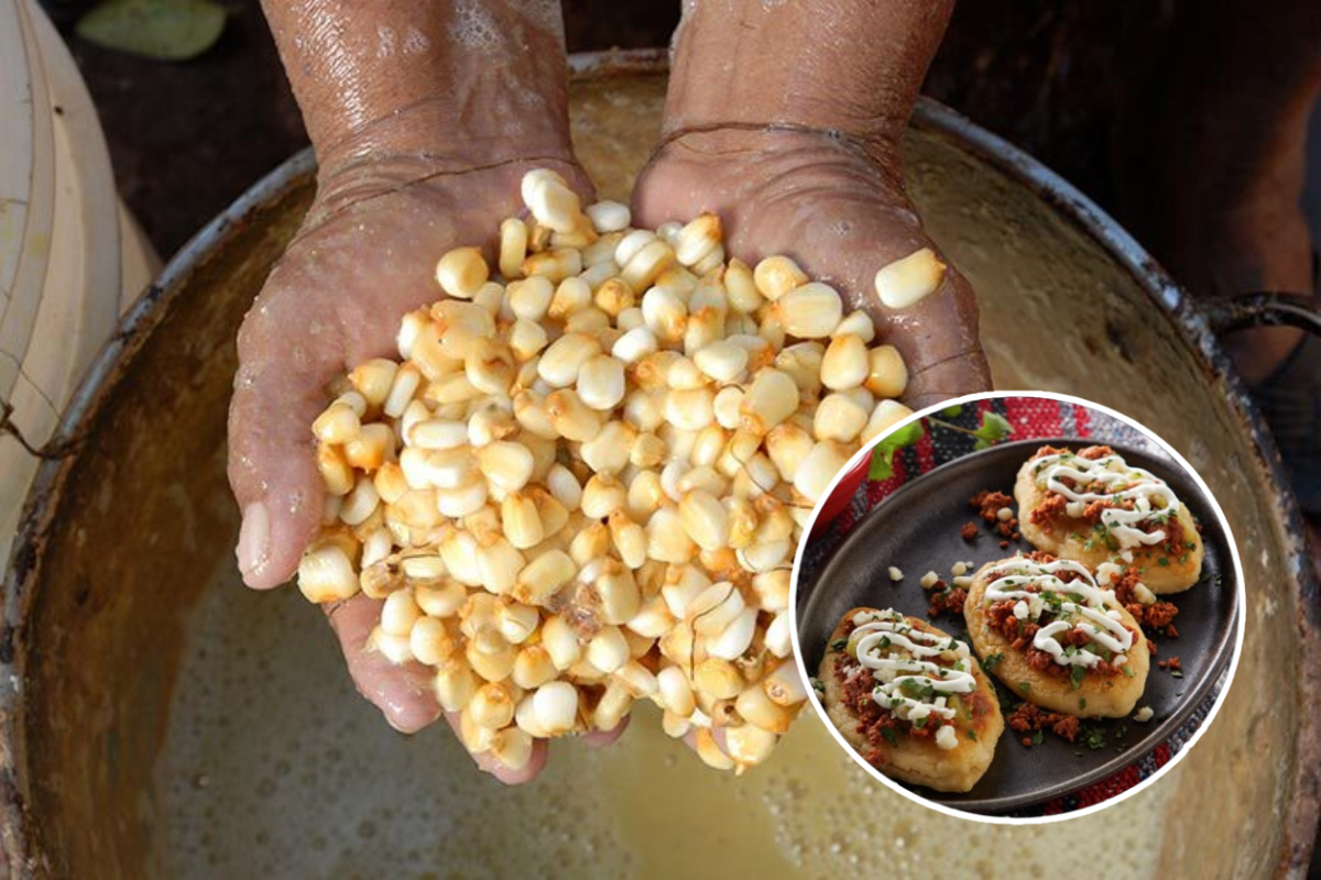 Nixtamal cocido con Tlacoyos en la parte inferior derecha.    Foto: Especial