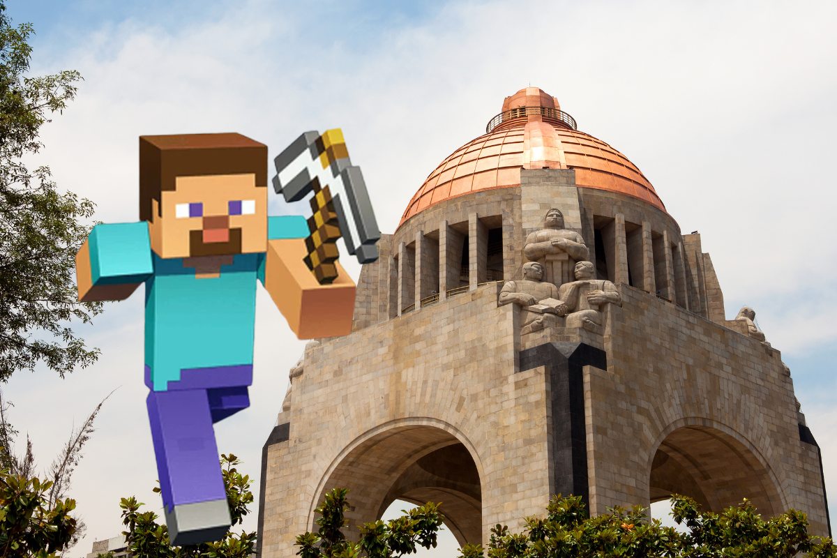 De fondo Monumento a la Revolución, Steve. Foto: Canva/Minecraft Online