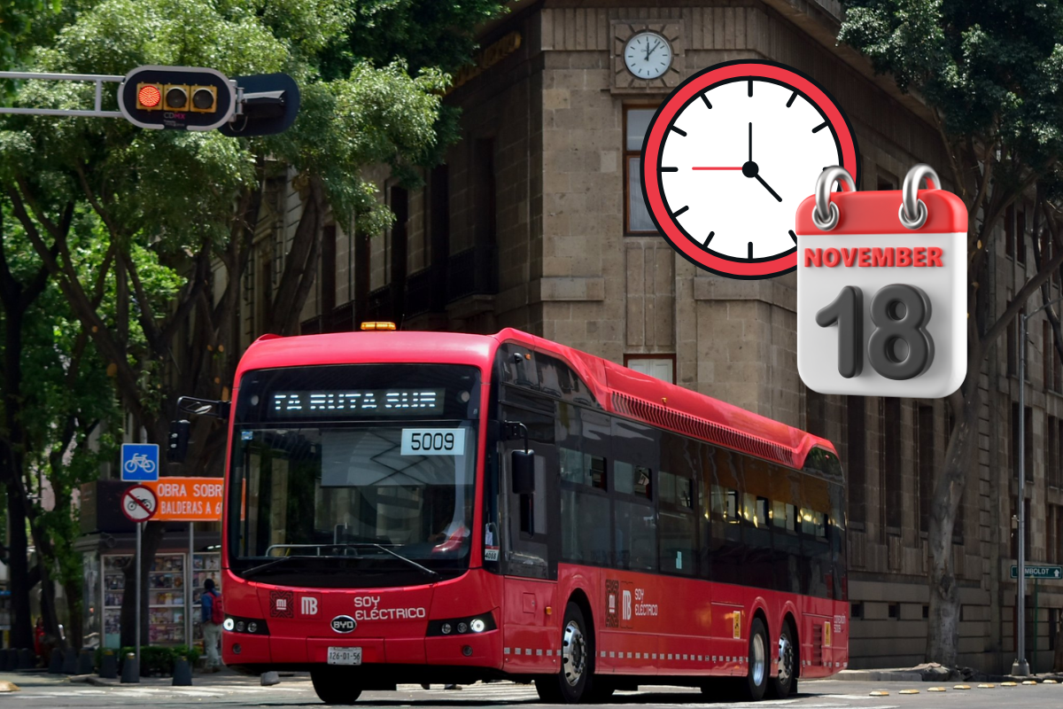 De fondo el Metrobús en calles de la capital, reloj y calendario. Foto: @MetrobusCDMX/Canva