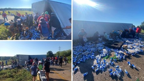 Salen a rapiñar cervezas tras volcadura de tráiler en carretera de Campeche