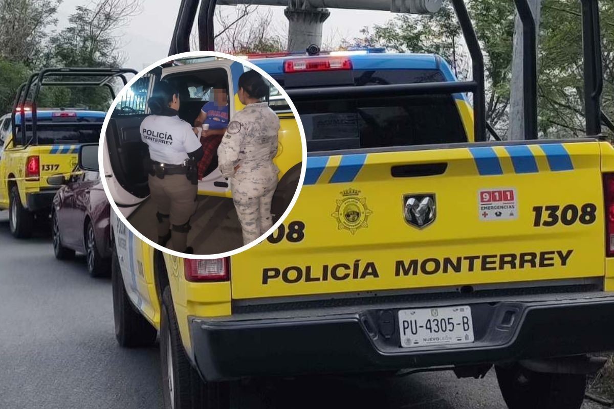 Elementos de la Policía de Monterrey con la menor que lograron localizar. Foto: Canva - Policía de Monterrey.