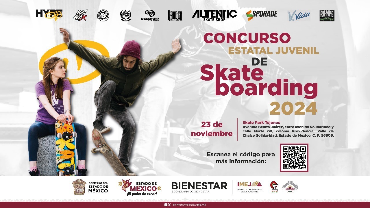 ¡No dejes pasar la oportunidad! Inscríbete al Concurso de Skateboarding 2024. Foto: @BienestarEdoMx