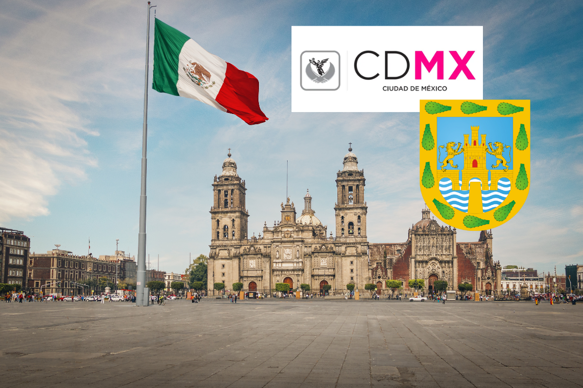 De fondo Zócalo capitalino, logos DF y CDMX. Foto: Canva/Gobierno CDMX/wikipedia