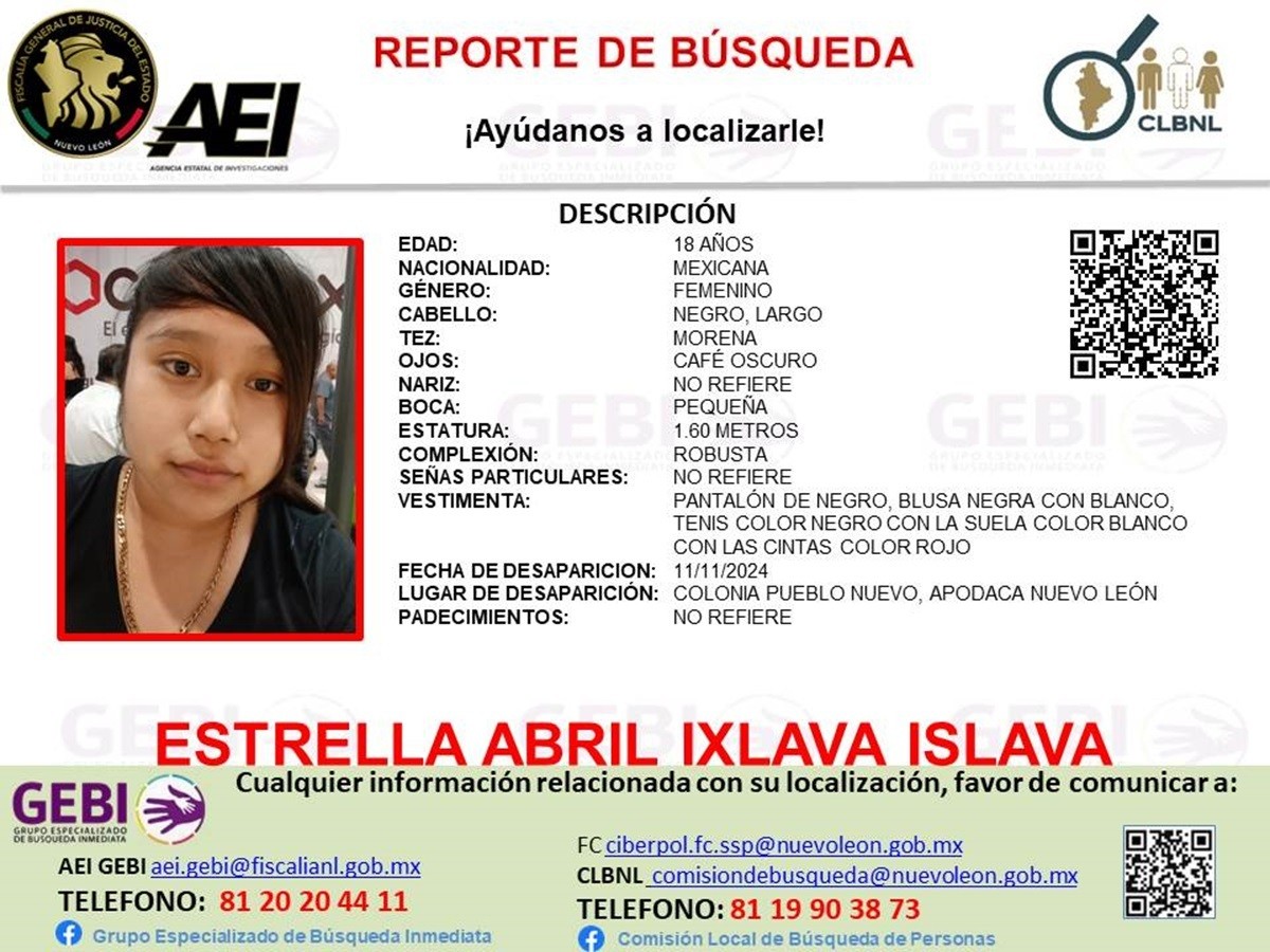 Estrella Abril Ixlava Islava, de 18 años de edad, es reportada desaparecida desde el pasado 11 de noviembre de 2024. Foto: Facebook Grupo Especializado de Búsqueda Inmediata