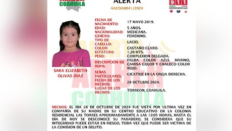 Activan Alerta Amber para localizar a Sara Elizabeth, menor desaparecida en Torreón