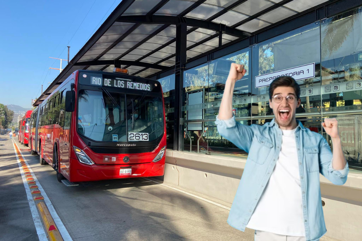 Metrobús de la CDMX y persona feliz enfrente.     Foto: especial