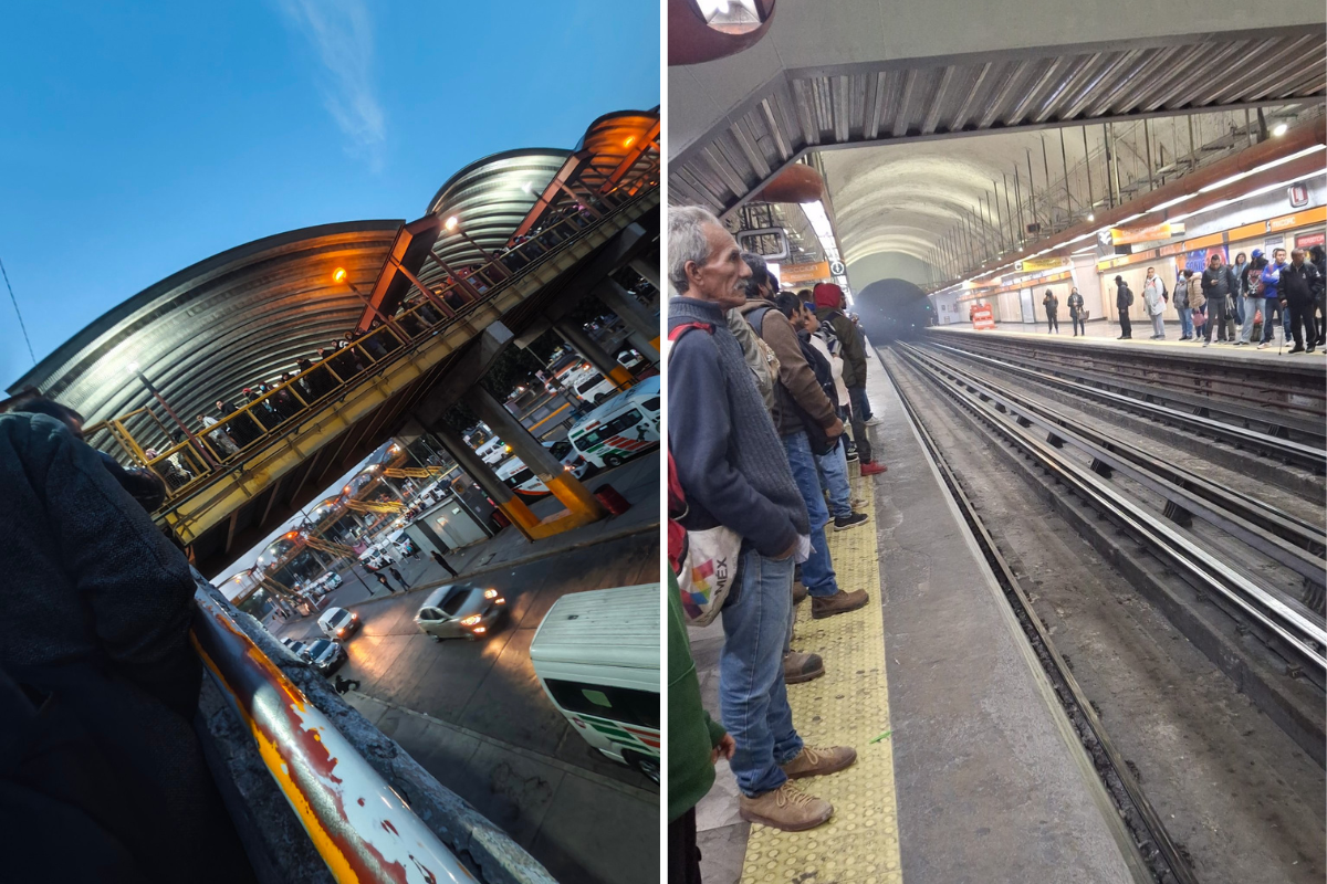 Fila para entrar a la estación La Paz de la Línea A y gente esperando en la estación de Mixcoac con la presencia de humo. Foto: @amtz1169923 y @cleox09, editada en Canva.