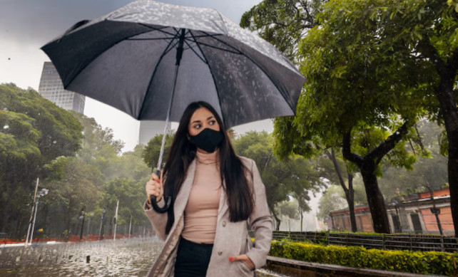 Lluvia de CDMX y chica con paraguas Foto: Google gettyimages editada en canva