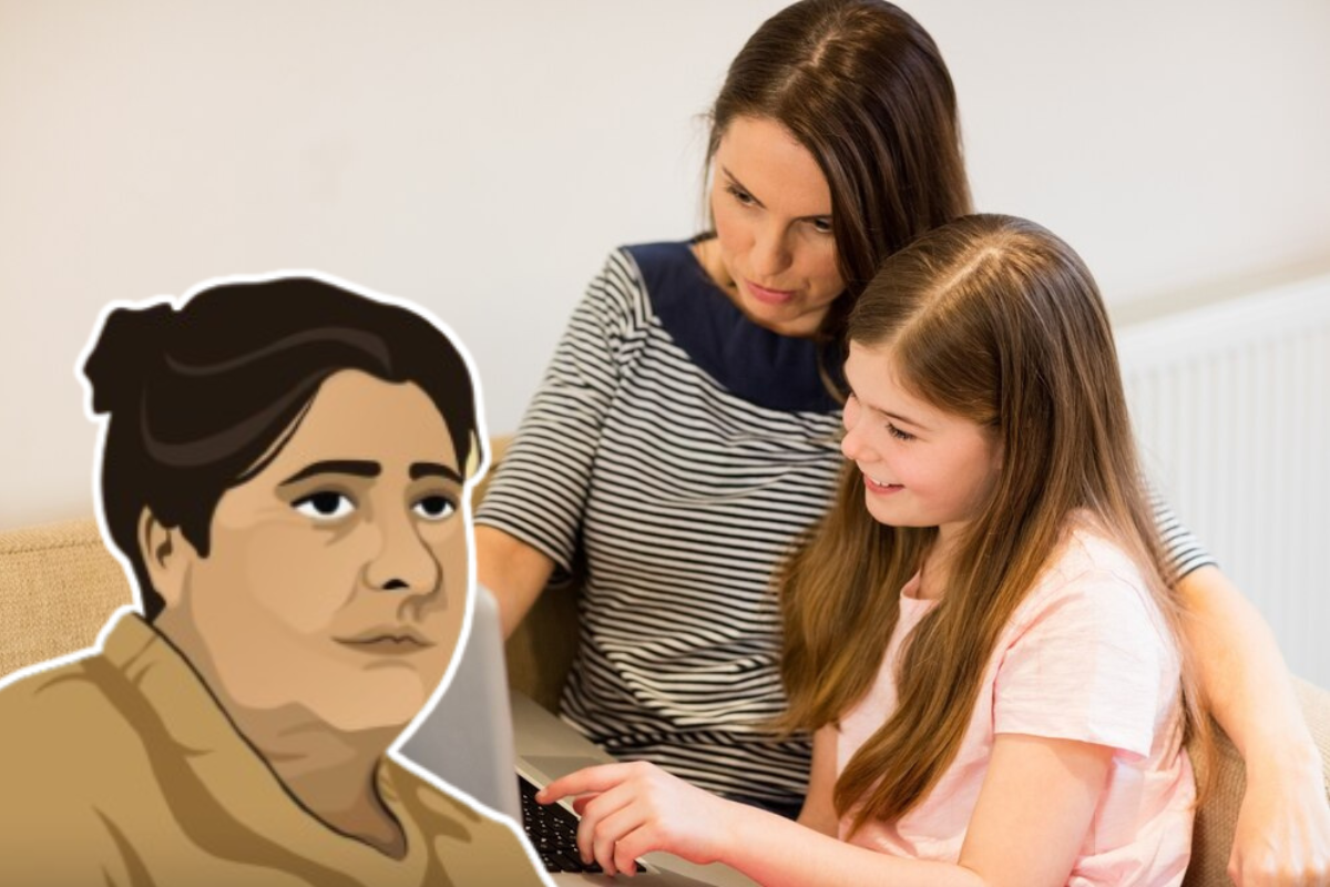 Madre e hija frente a una computadora e ilustración de Rita Cetina.       Foto: @GobiernoMX y Freepik, editada en Canva.