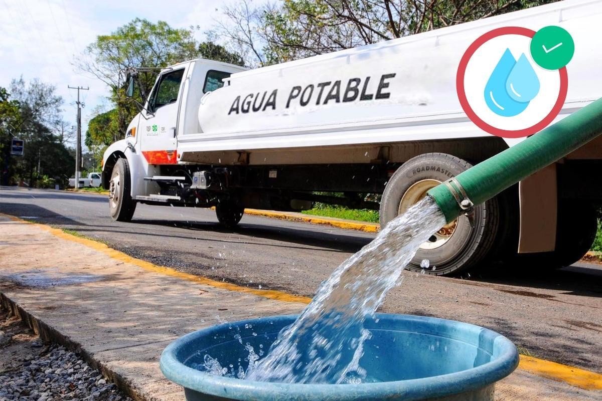 Pipa de agua potable y manguera sacando agua.   Foto: Sistema de Aguas de la Ciudad de México/edición Canva