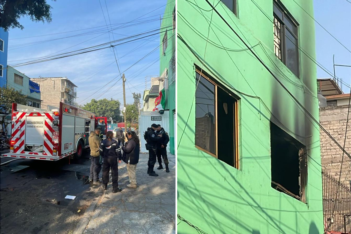 Vivienda afectada por el incendio y Bomberos frente al domicilio.    Foto: Ramón Ramírez