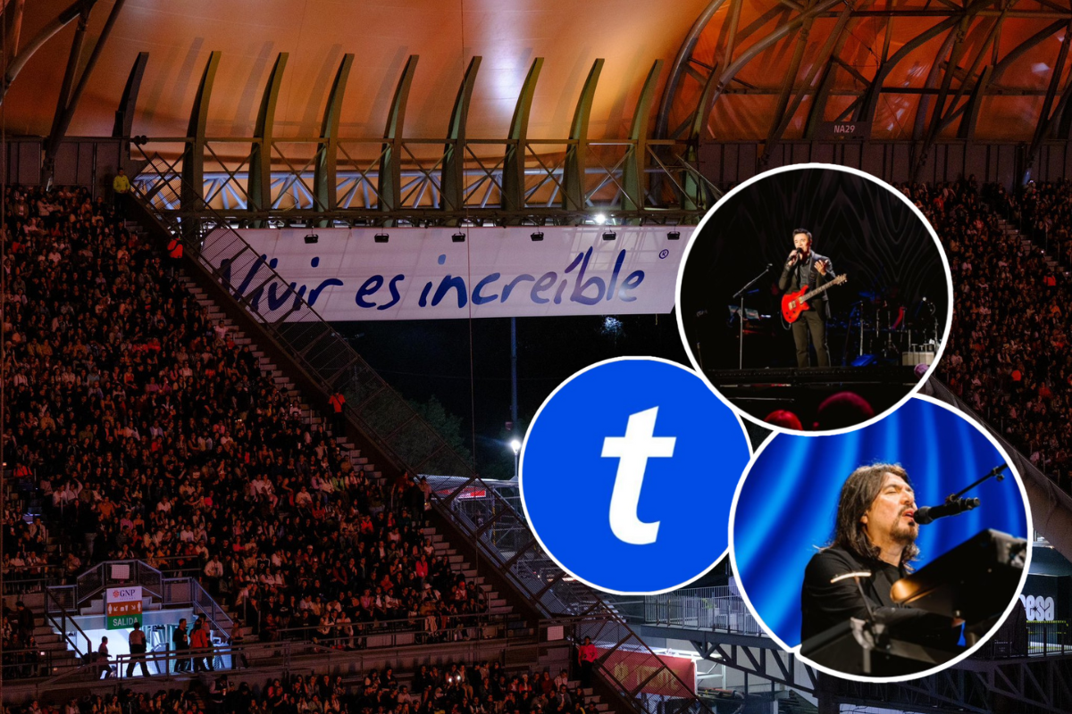 Estadio GNP, Los Temerarios y logo de Ticketmaster.     Foto: @Ticketmaster_Me, @EstadioGNP y @los_temerarios, editada en Canva.