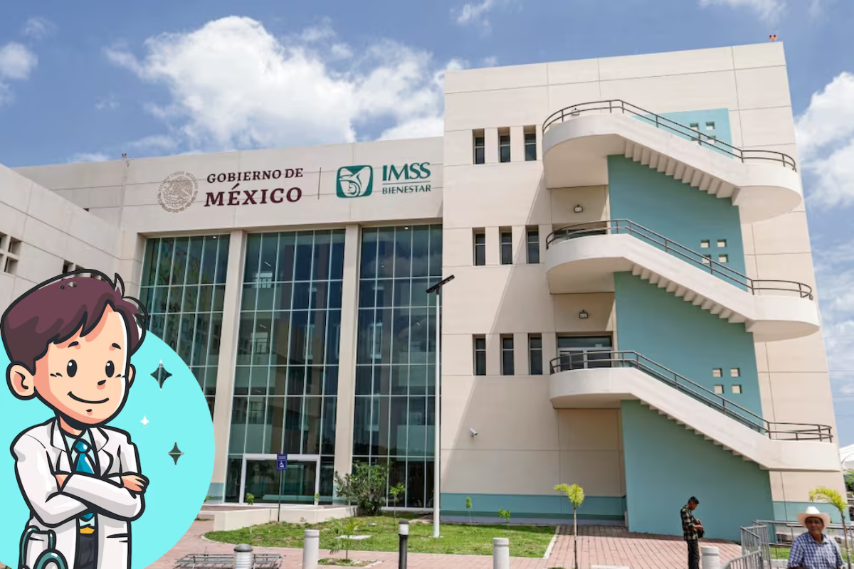 Hospital IMSS- Bienestar al fondo con animación de un médico Foto: IMSS-Bienestar editado con Canva