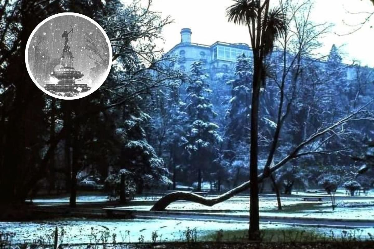 Castillo de Chapultepec y fuente de la Diana Cazadora con nieve.     Foto: Secretaría de Cultura-INEHRM / edición Canva