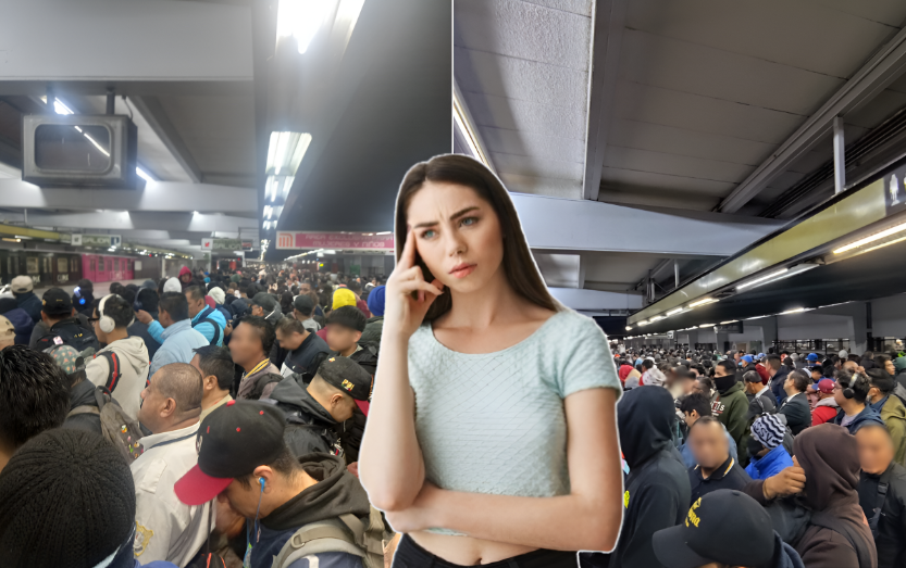 Mujer pensando frente a las personas esperando en el Metro de CDMX.    Foto: @Alfredo54472085, @Ari_Rojas_18 y Freepik, editada en Canva.