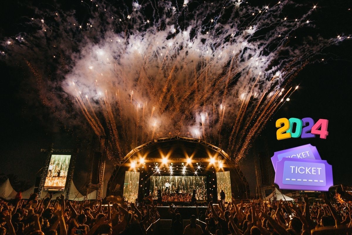 De fondo escenario en concierto, ilustraciones de 2024 y tickets. Foto: Canva