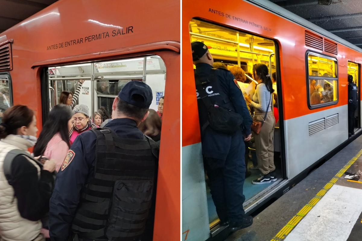 Personas en el Metro junto a policías de la SSC.   Foto: @MetroCDMX