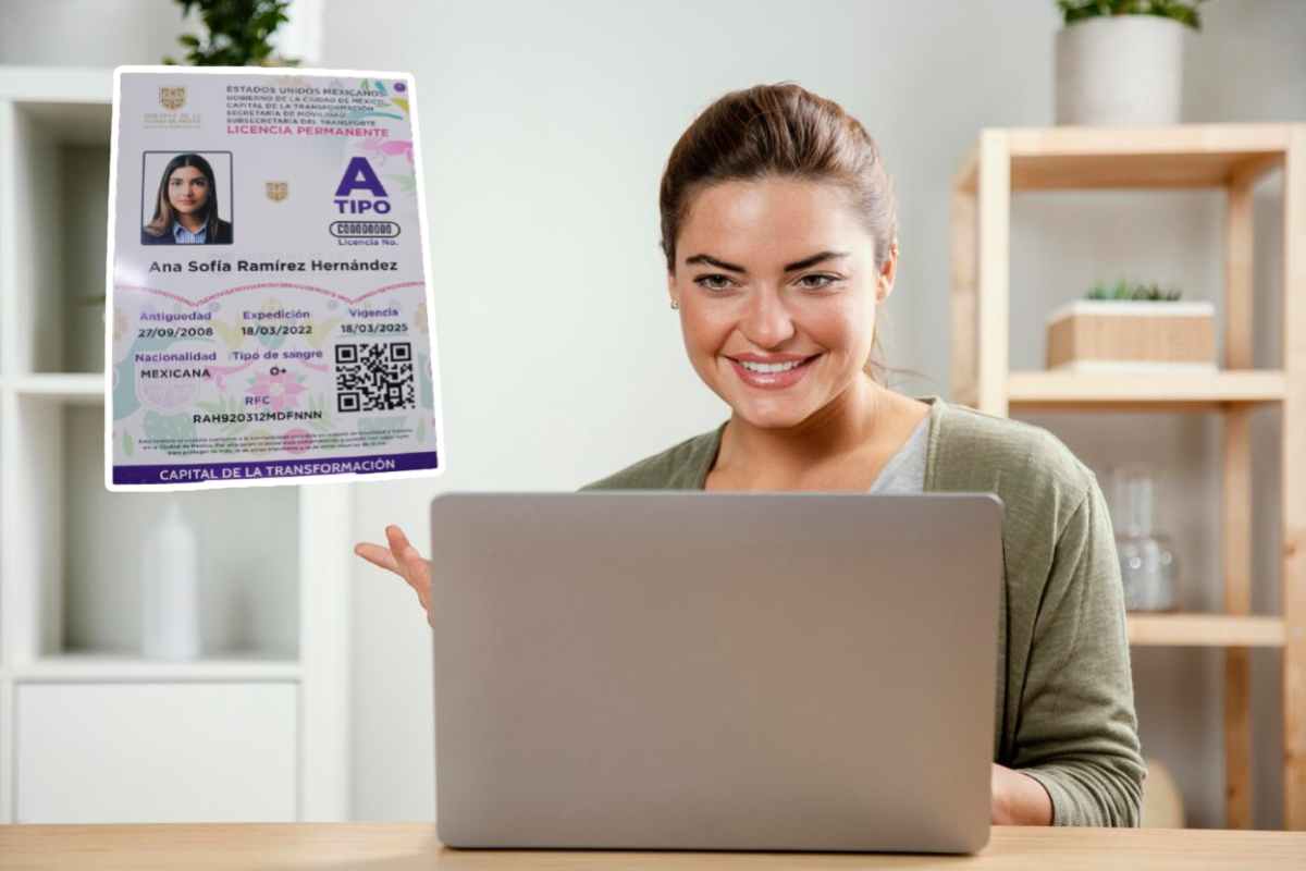 Mujer frente a una laptop e imagen de la Licencia de Conducir Permanente.    Foto: Freepik y @ClaraBrugadaM, editada en Canva.