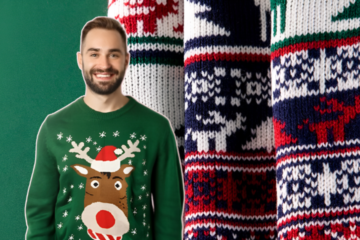 Personas portando un Ugly Sweater frente a otros Ugly Swaters.    Foto: Freepik editada en Canva.