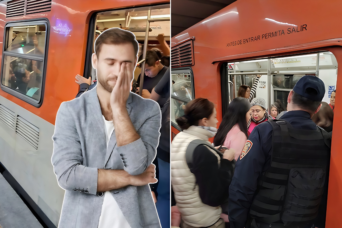 Personas en el Metro de CDMX y persona frente a ellas.   Foto: @MetroCDMX y Freepik, editada en Canva.