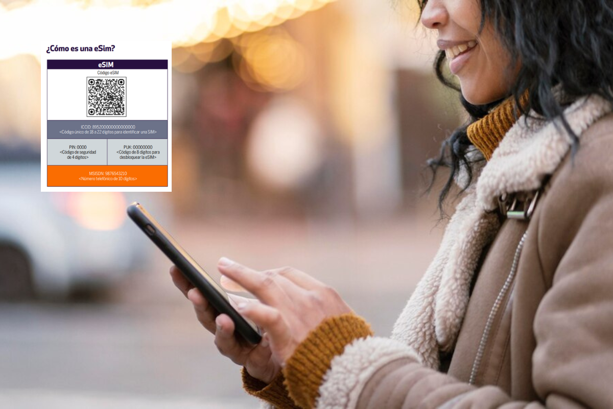 Persona sosteniendo un celular y una imagen de eSIM al fondo.    Foto: Freepik y Revista del Consumidor, editada en Canva