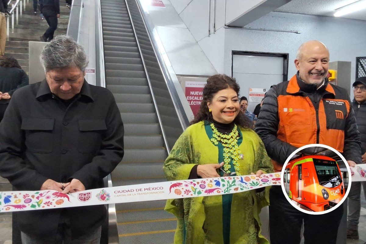 Clara Brugada junto a funcionarios públicos en la inauguración de las escaleras eléctricas.    Foto: Cuenta X Guillermo Calderón / Edición Canva.