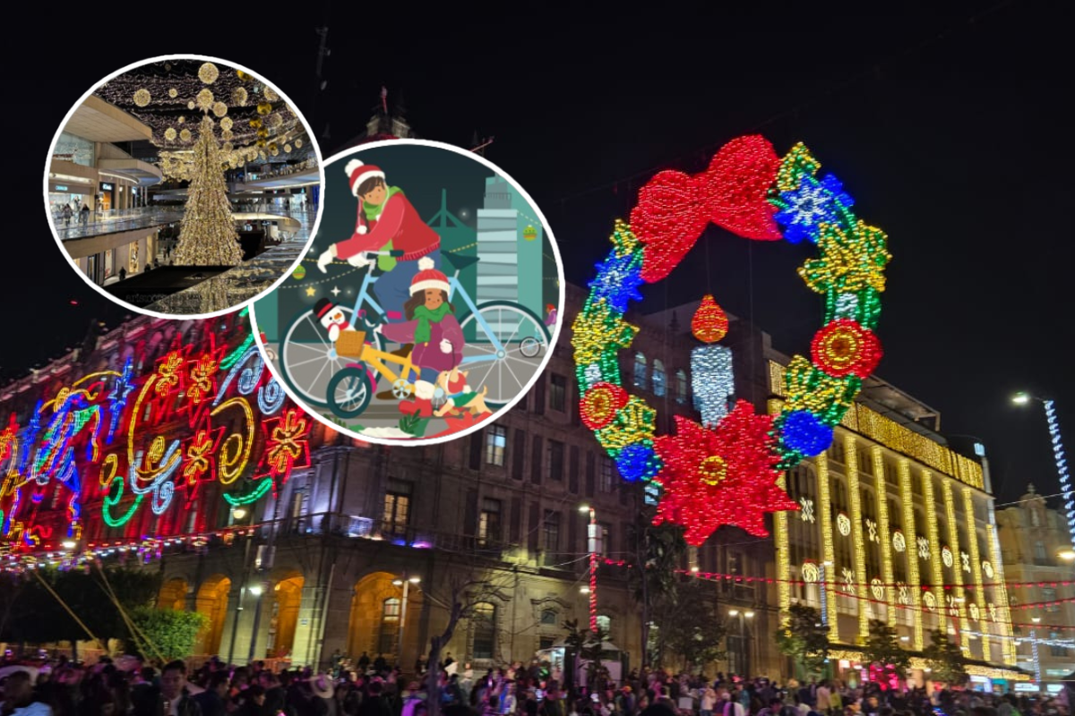 Luces navideñas en el Zócalo de la CDMX, ilustración de ciclistas y árbol de Navidad de Plaza Antara.    Foto: Mario Flores, @MIBiciCDMX y antara_mx, editada en Canva.