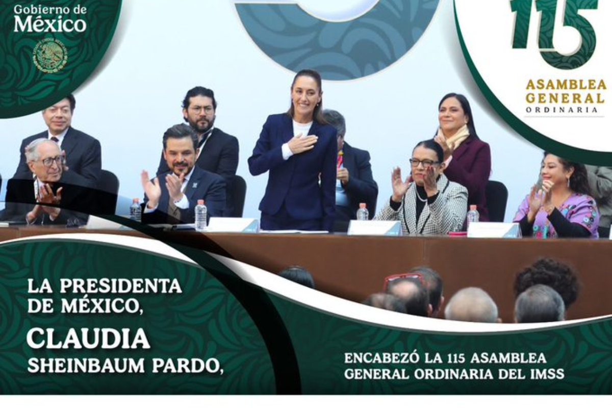 Claudia Sheinbaum al frente de la 115 asamblea general del IMSS Foto: X/@Tu_IMSS