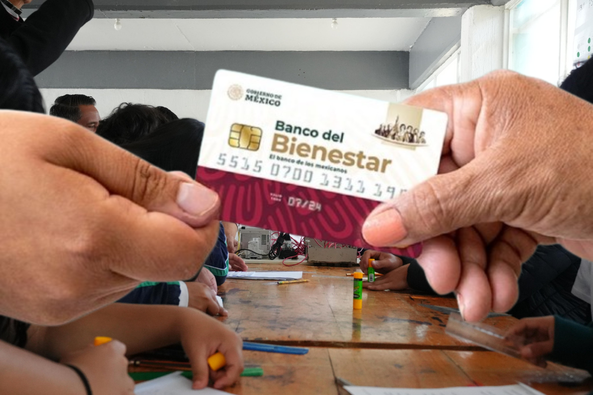 Entrega de Tarjeta del Bienestar para cobrar la beca Rita Cetina.     Foto: @SEP_mx, editada en Canva.