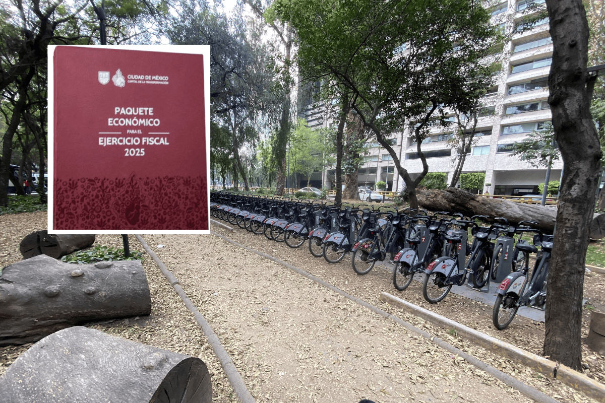 Cicloestación de ECOBICI y libro del Paquete Económico presentado al Congreso.     Foto: @joseSps y @Congreso_CdMex, editada en Canva.