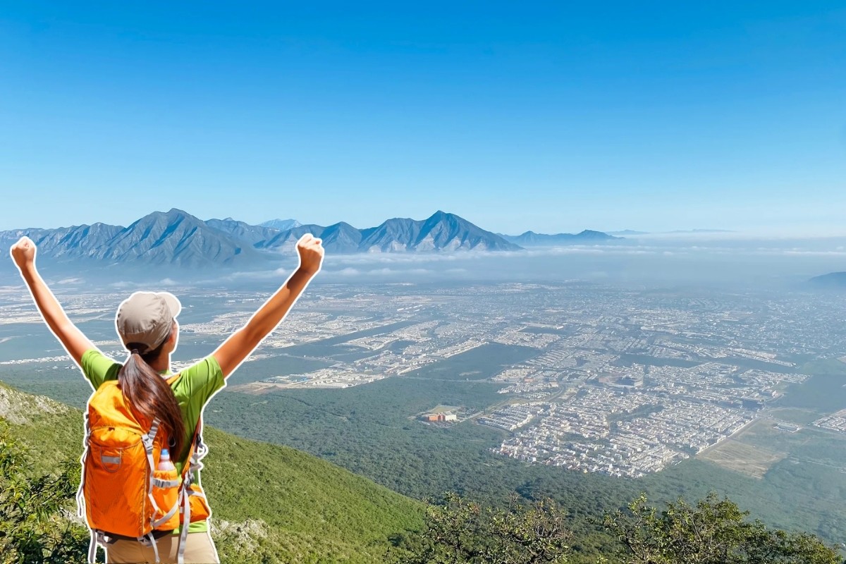 Cerro de las Mitras y senderista. Foto: Composición Canva y Facebook Kevin Herrera González