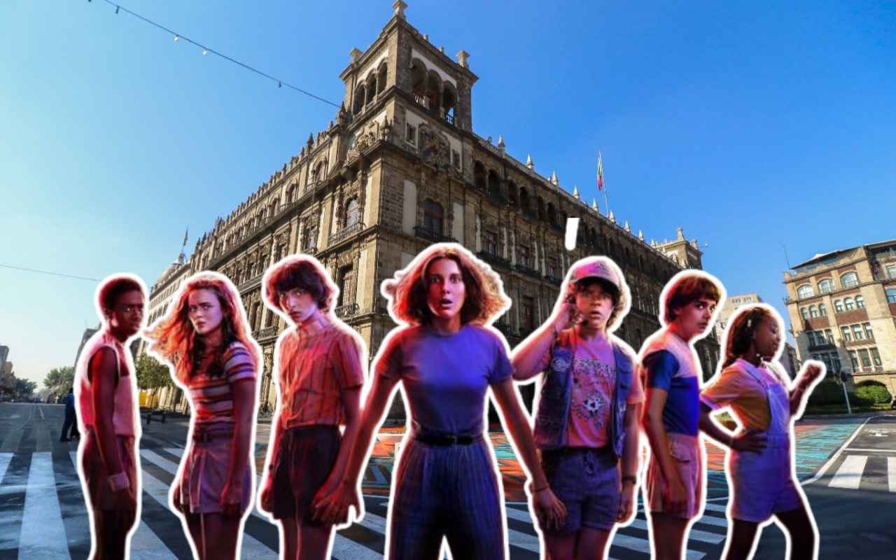 De fondo Centro Histórico de la CDMX, personajes de Stranger Things. Foto: Gobierno CDMX/Netflix