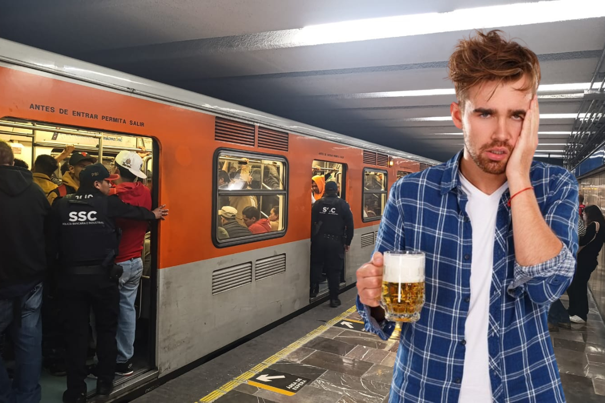 Persona alcoholizada en el Metro de CDMX.     Foto: @MetroCDMX y Freepik, editada en Canva.