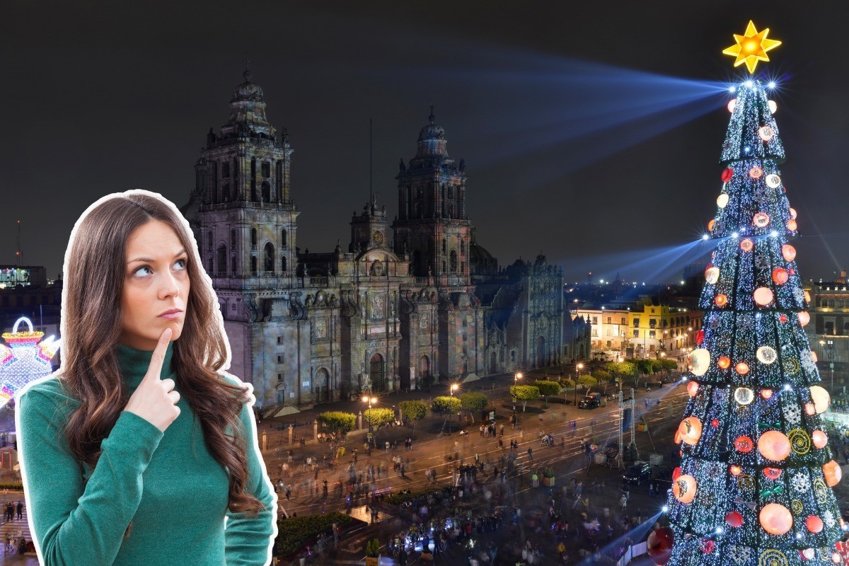 De fondo el Zócalo en Navidad, persona dudando. Foto: Canva