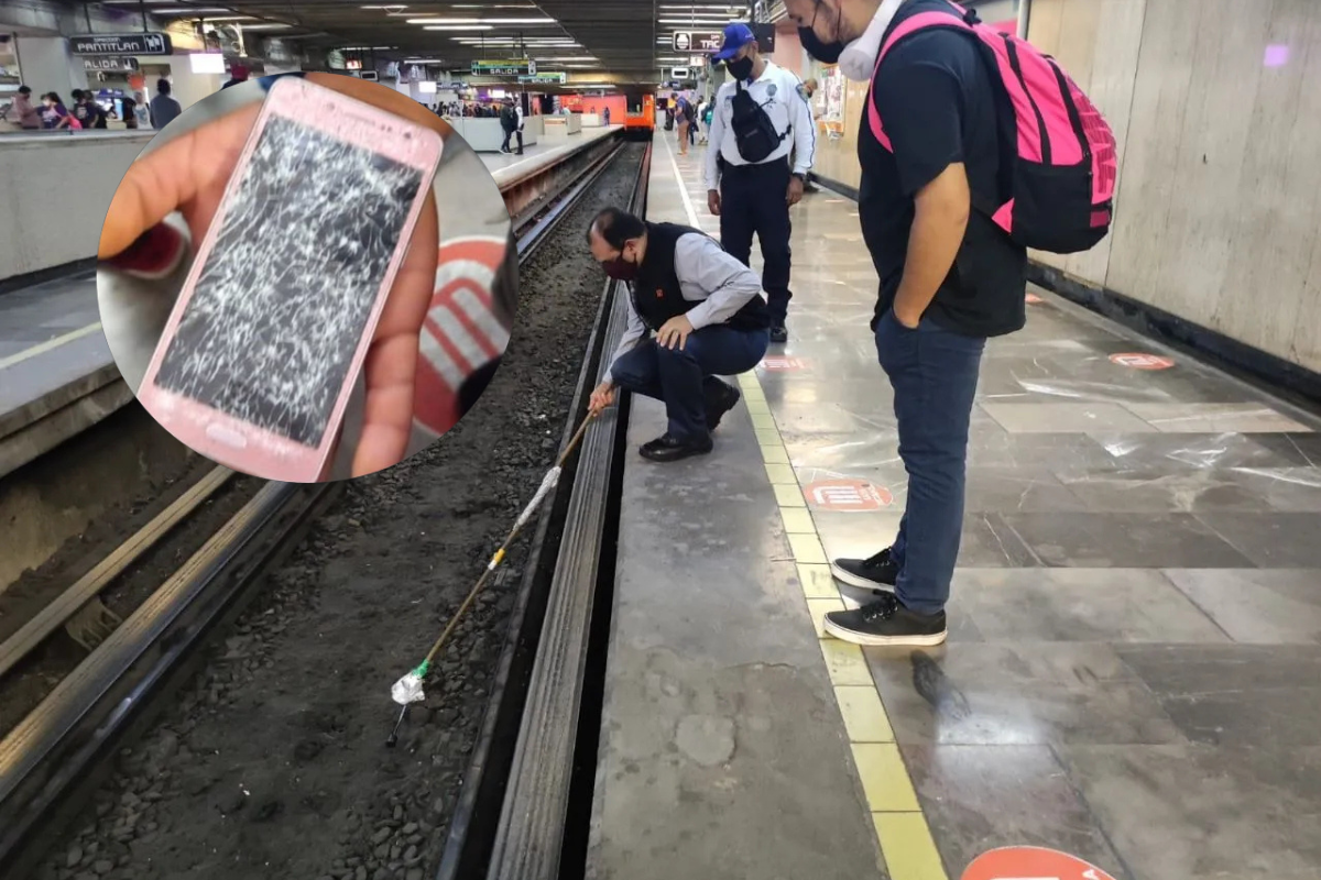 Celular roto en las vías del Metro de CDMX.    Foto: @MetroCDMX