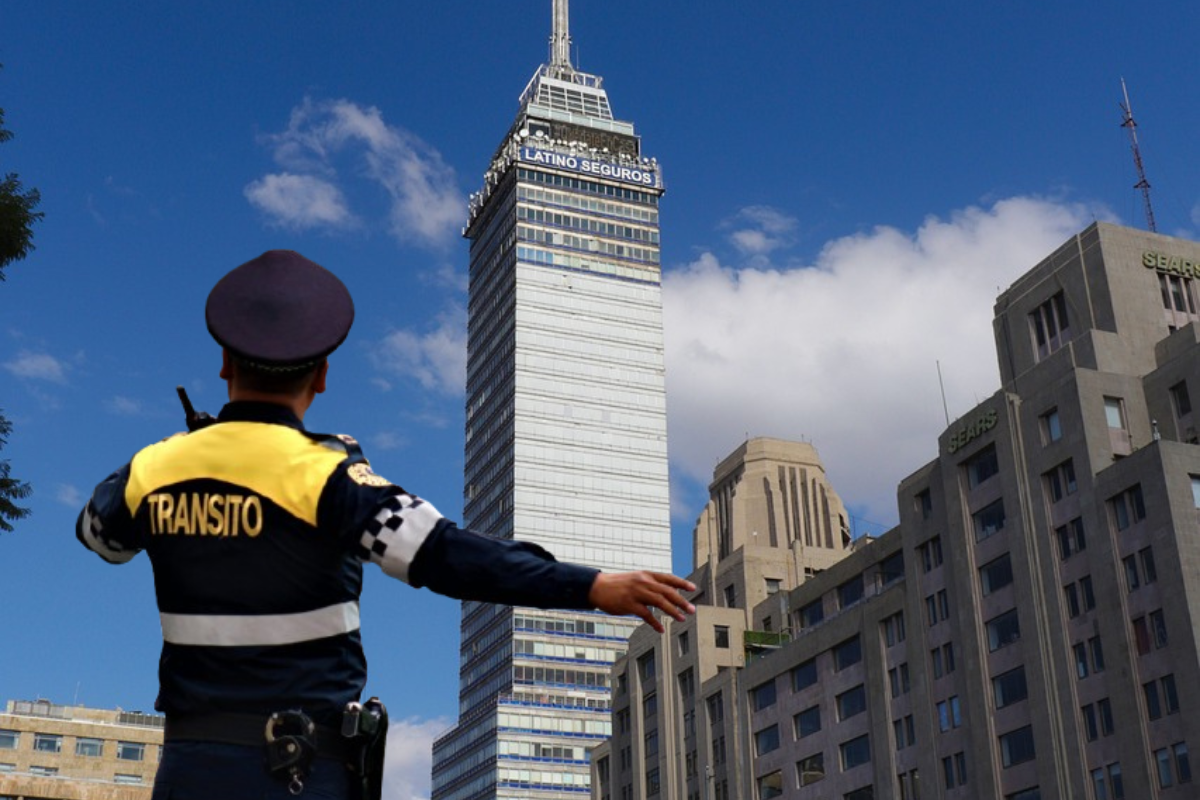 Policía de Tránsito frente a la Torre Latino.     Foto: Freepik y @OVIALCDMX, editada en Canva.