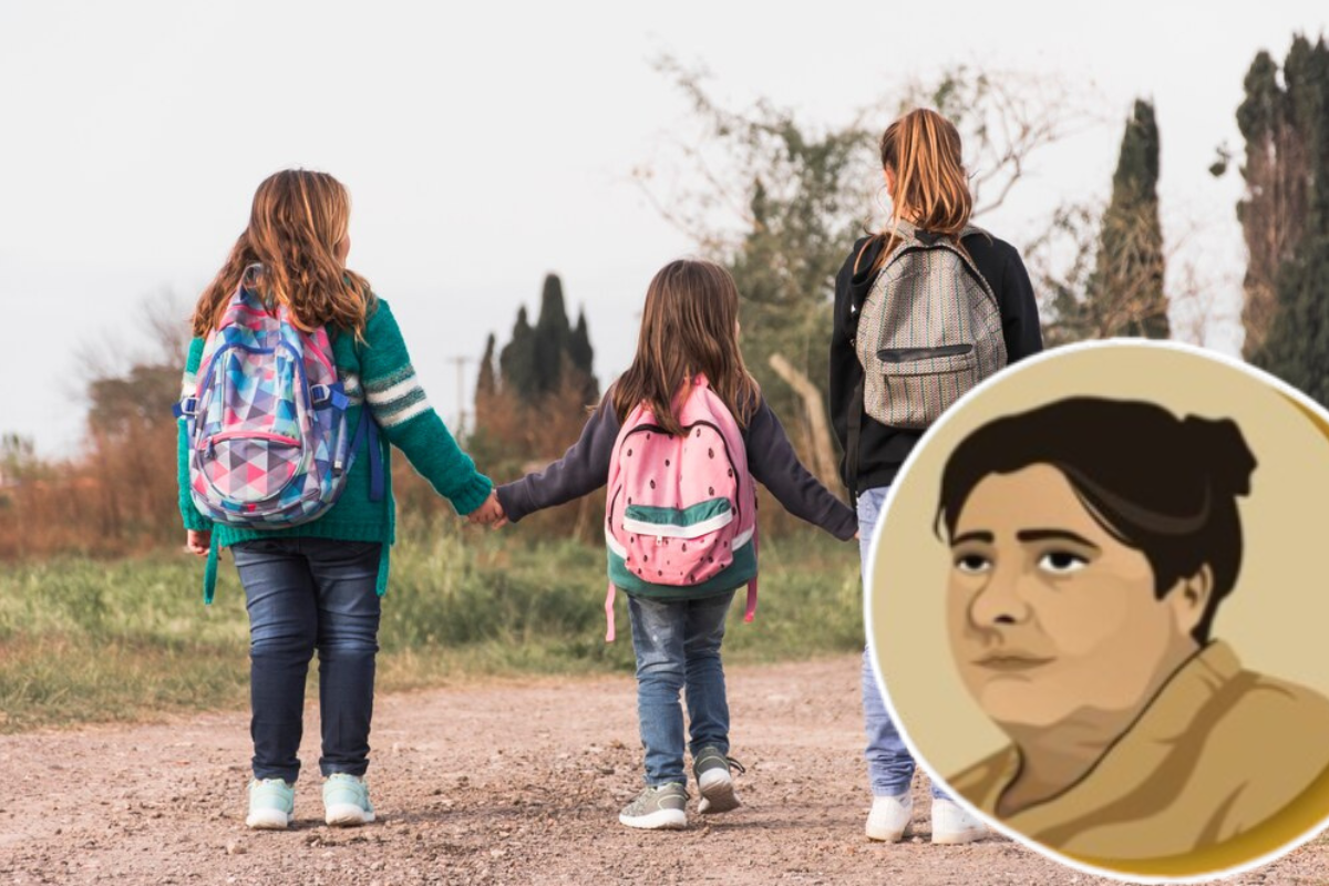 Niñas caminando tomadas de las manos con sus mochilas e ilustración de la Beca Rita Cetina.     Foto: @SEP_mx y Freepik, editada en Canva.