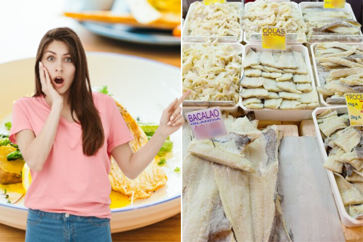 Platillo preparado con Bacalao y venta de este producto, con una chica al frente.     Foto: Imágenes tomadas de Freepik, editadas en Canva.