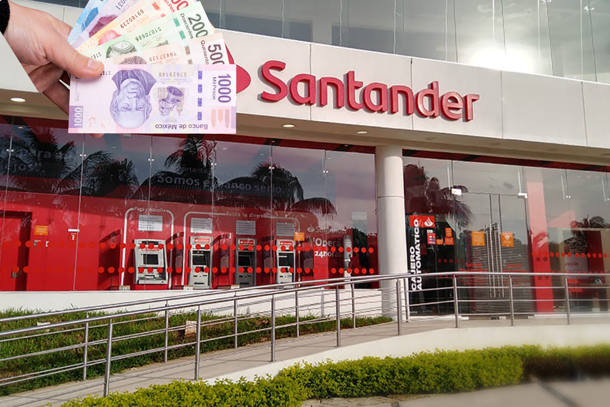 De fondo banco en la CDMX, billetes mexicanos. Foto: Santander/Canva