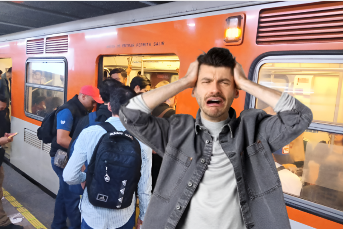 Persona con gesto de frustración, frente a un vagón lleno del Metro de CDMX.    Foto: @MetroCDMX y Freepik, editada en Canva.