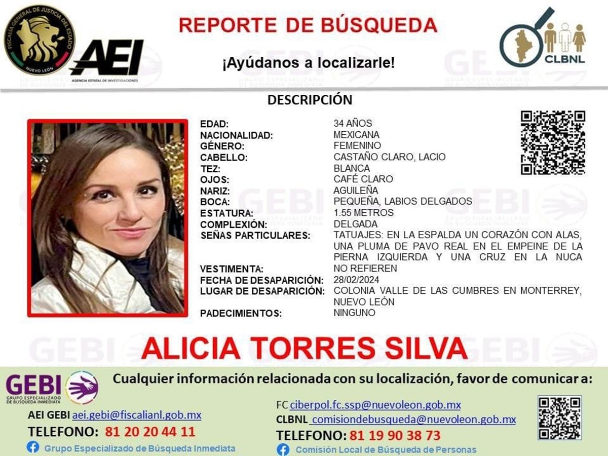 Ficha de búsqueda de Alicia Torres Silva publicada por el Grupo Especializado de Búsqueda Inmediata de la Fiscalía General de Justicia de Nuevo León.