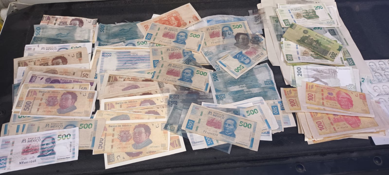 La mujer cargaba con un total de 212 billetes falsos de diferentes denominaciones, incluyendo 77 de 500 pesos, 55 de 100 pesos y 80 de 200 pesos. Foto: Policía de Monterrey.